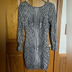 Windsor Silver Sequin Long Sleeve Open Back Bodycon Homecoming Dress